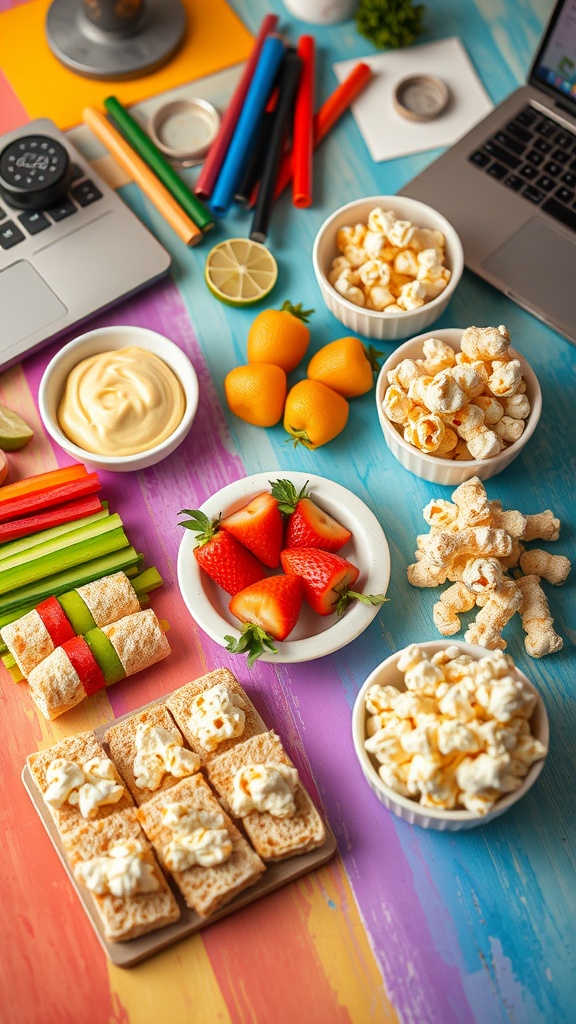 A vibrant spread of colorful snacks including veggie sticks, fruit skewers, mini sandwiches, and popcorn.